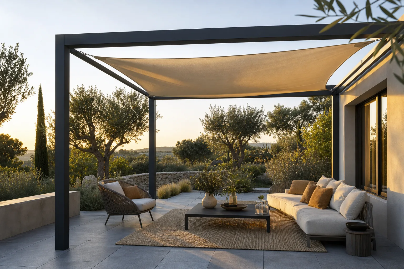 Une magnifique pergola structure acier couleur RAL 7016 avec  voile d'ombrage couleur sable
