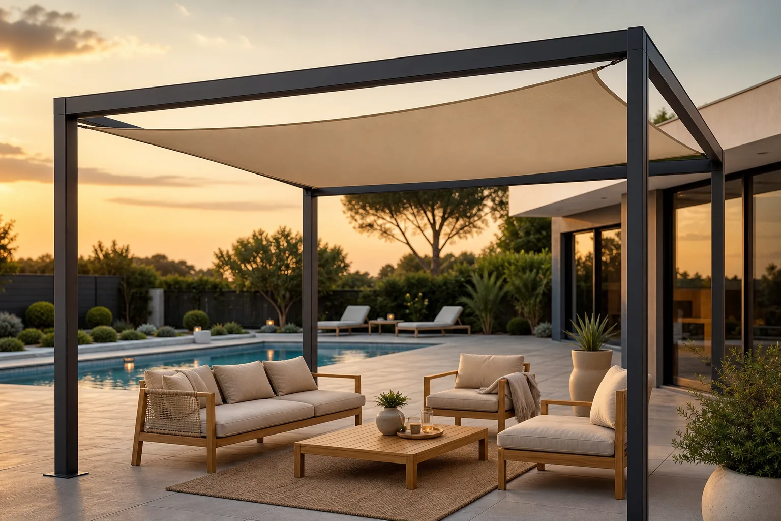 Une magnifique pergola structure acier couleur RAL 7016 avec  voile d'ombrage couleur sable — Ales-Pergola.fr