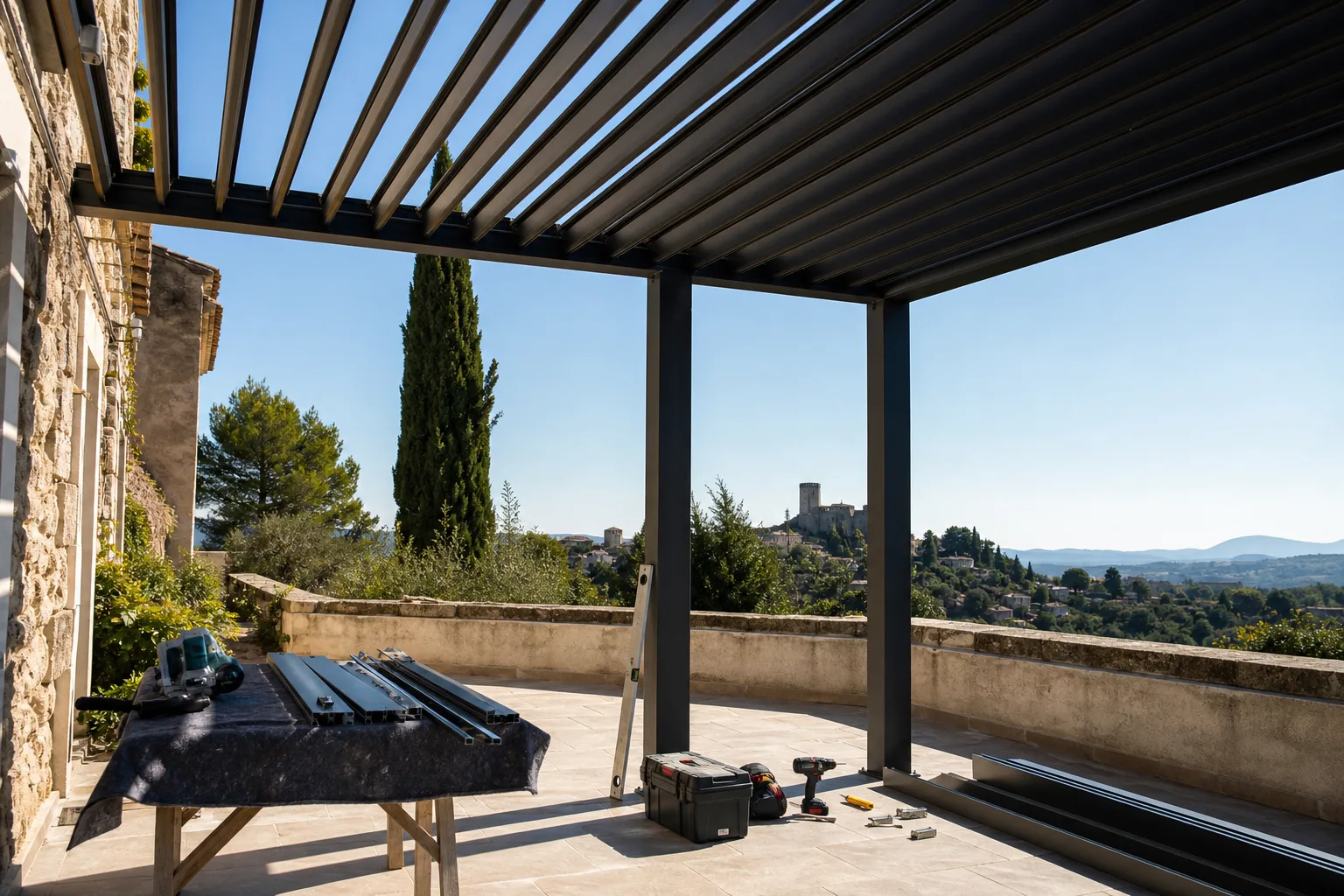 Pergola bioclimatique Vézénobres — installation sur mesure dans le Gard (30)